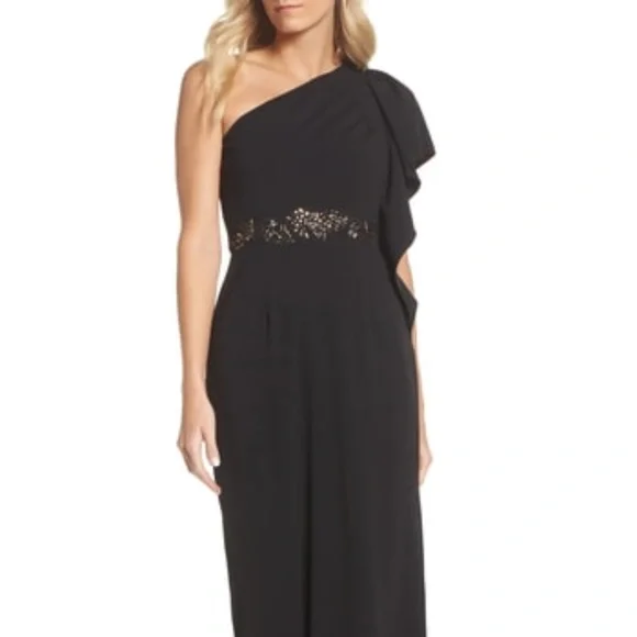 Adrianna Papell One Shoulder Knit Crepe Gown Women's Dress Black : 4 Adrianna Papell One Shoulder Knit Crepe Gown Women's Dress Black : 4